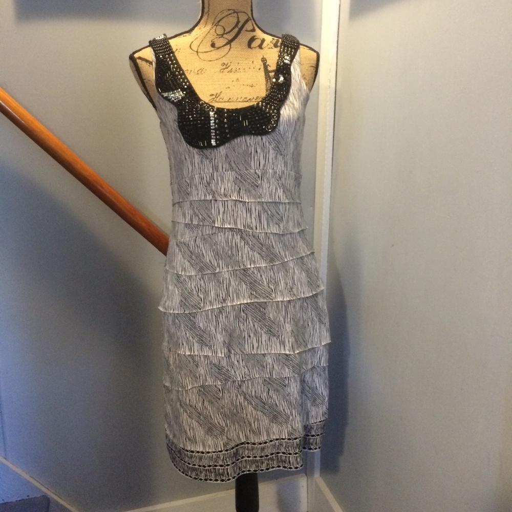 ECI Black White Bead Halter Dress Flapper Pleats